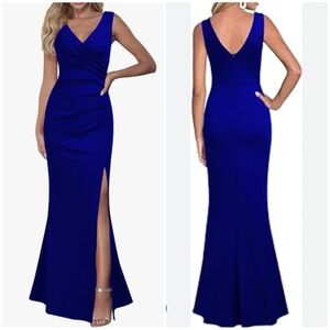 WOOSEA LONG BODYCON BLUE SLEEVESS GOWN MAXI DRESS V NECK SIZE MEDIUM LIKE NEW!